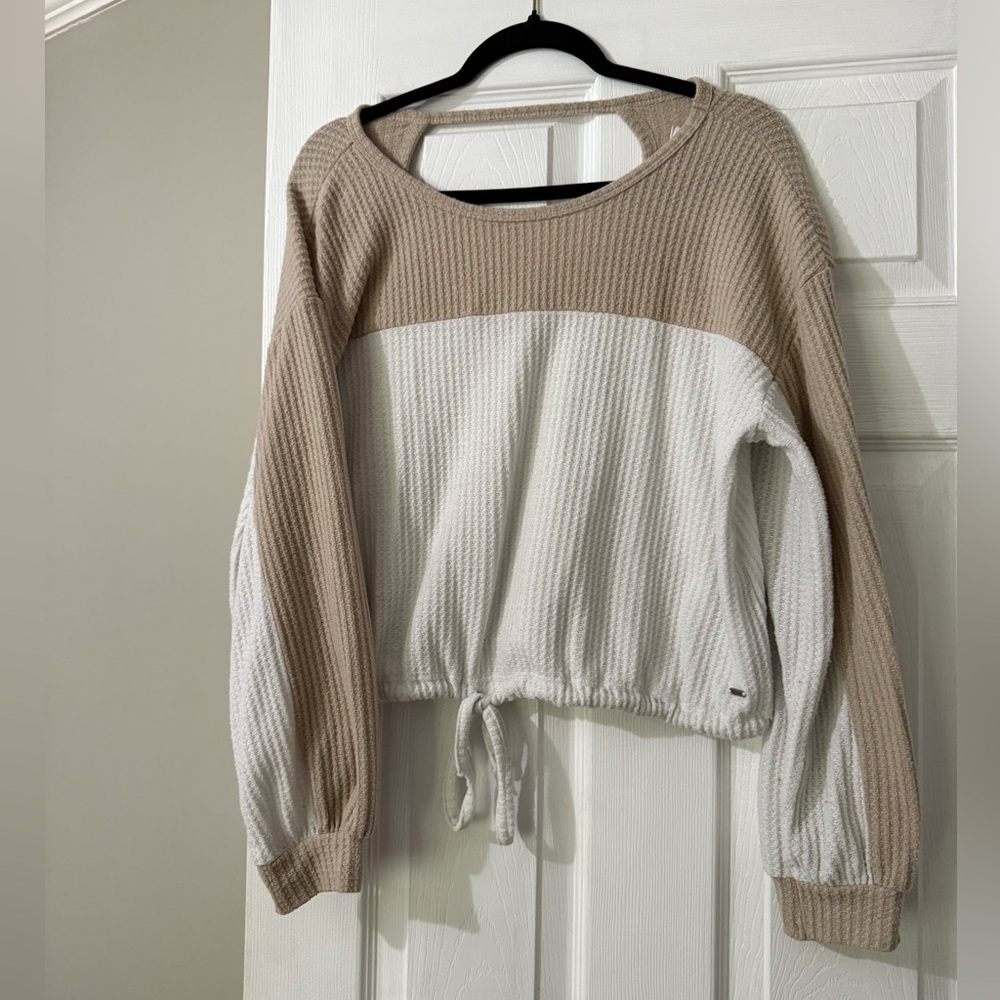 Hollister Vintage Waffle Knit 2 Tone Sweater w Back Cutouts Size Small Tan White - Picture 2 of 6